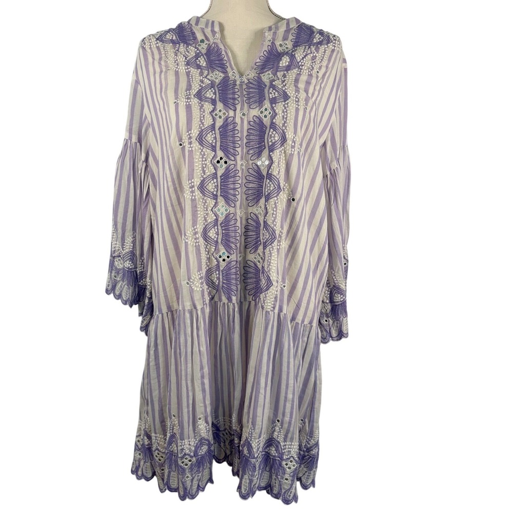 Ollari Anthropologie Purple Striped Embroidered Mirror Sequin Tunic Dress Medium